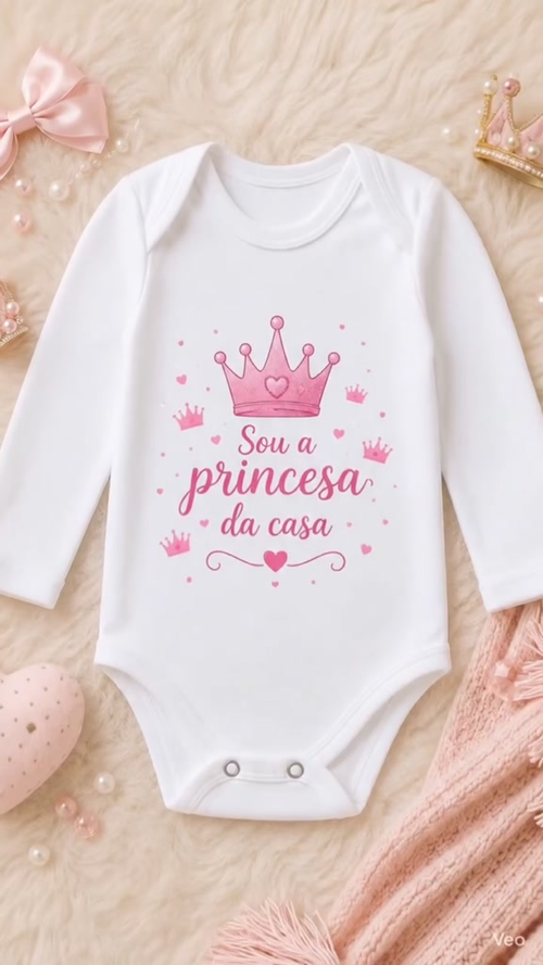 Body Bebê Menina Manga Longa Branco Estampa Princesa da Mamãe e Princesa da Casa P M G Infantil