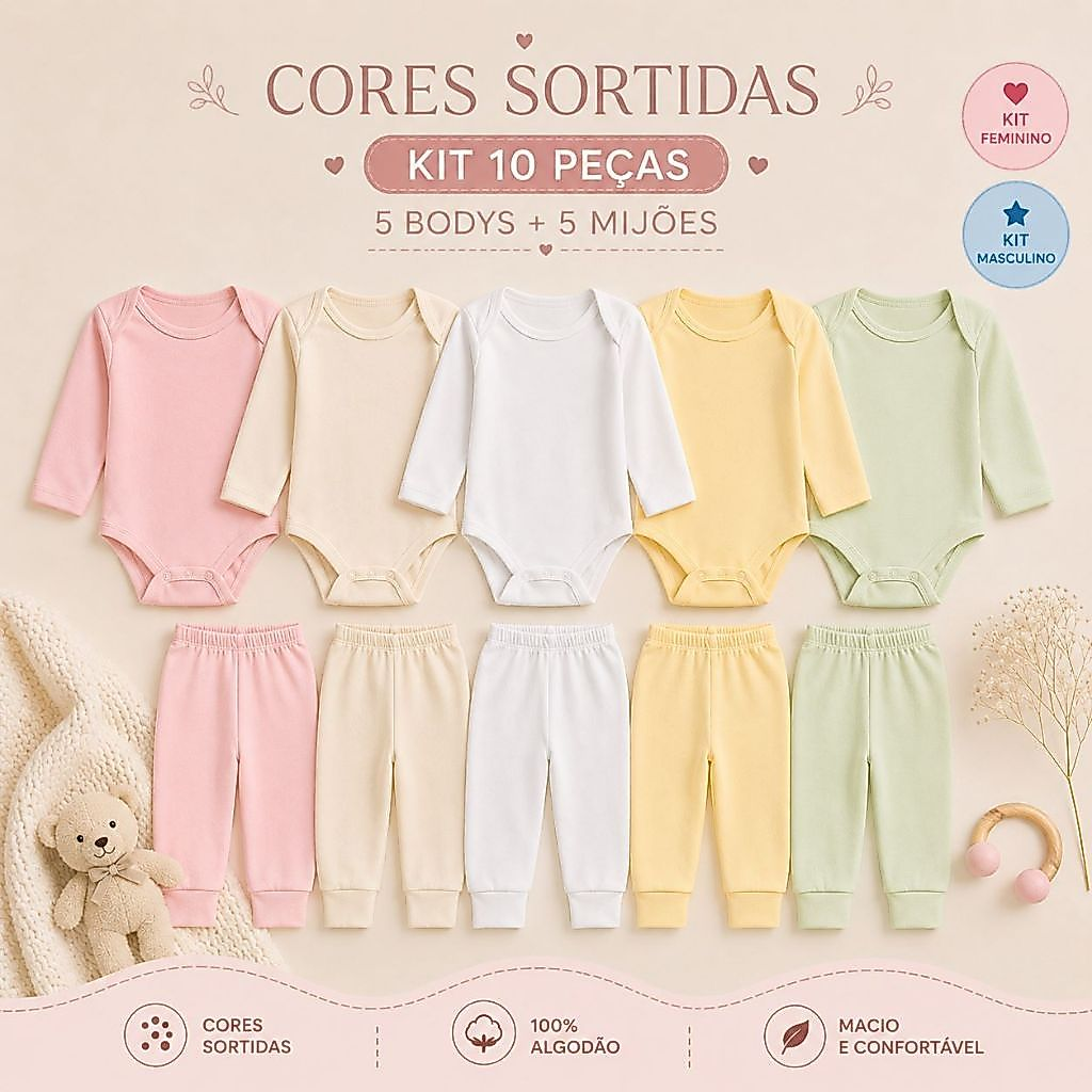 Kit 10 Peças Roupinhas de Bebê Body Longo Liso ou Estampado e Mijão
