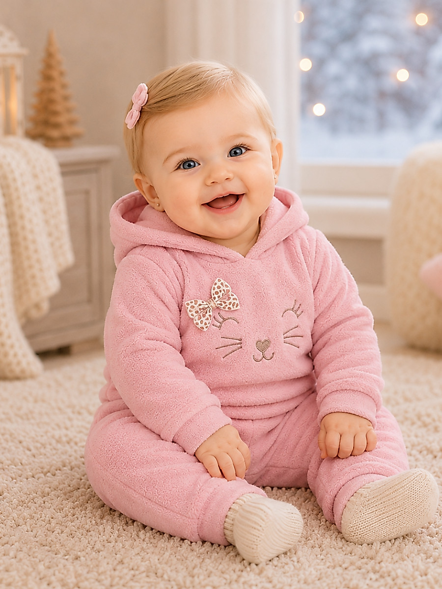 Conjunto Bebê Menina em Soft Bordado Capuz com Laço 2 Peças Casaco + Calça para Bebê Inverno