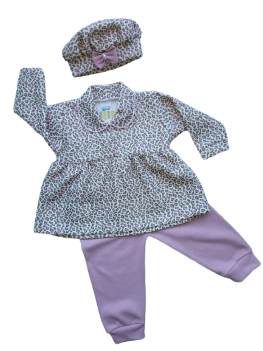 Conjunto Bebê Menina em Soft Estampa Oncinha Laço 3 Peças Casaco + Calça + Boina Inverno