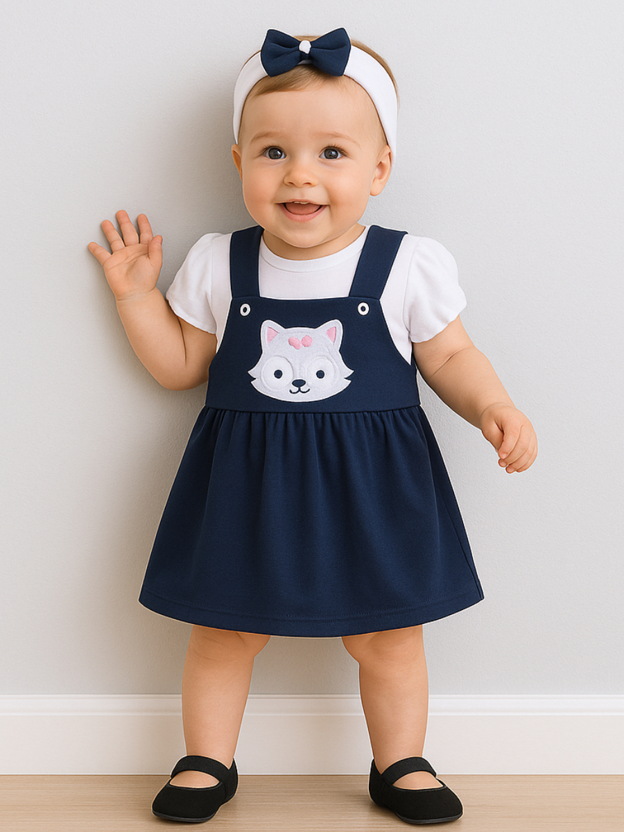 Conjunto Jardineira Bebê Menina Algodão 3 Peças Salopete + Blusinha + Tiara Bordado Roupas de Bebê