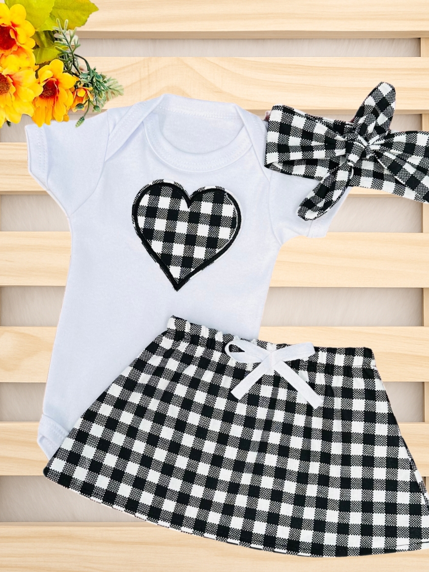 Conjunto Roupa Moda Bebê Menina Algodão infantil Conjuntinho Roupinha PMG Feminino Saia Body Xadrez