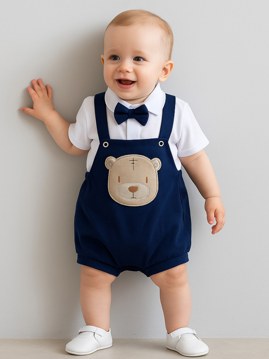Conjunto Romper Bebê Menino Social em Malha com Bordado + Gravata Borboleta em 2 Peças