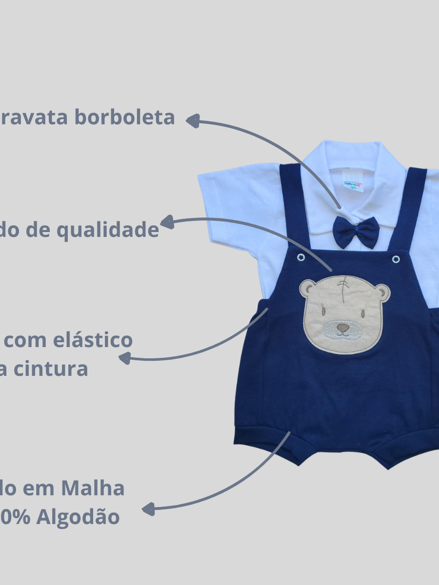 Conjunto Romper Bebê Menino Social em Malha com Bordado + Gravata Borboleta em 2 Peças