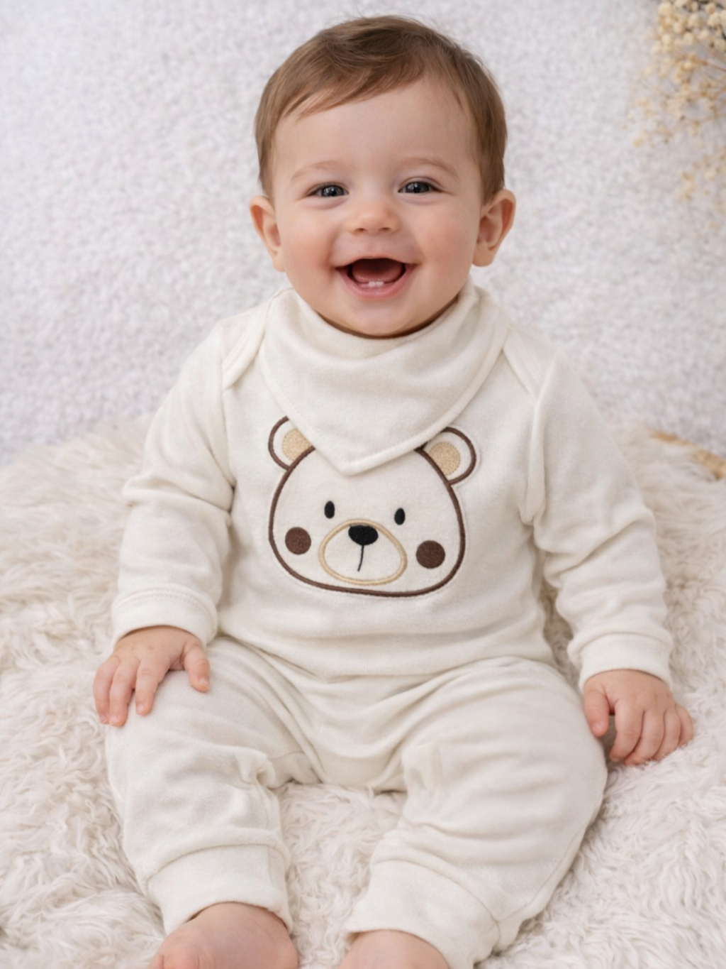 Conjunto 3 Peças Canelado com Bory calça Bordado e Babador Menina e Menino Moda Infantil