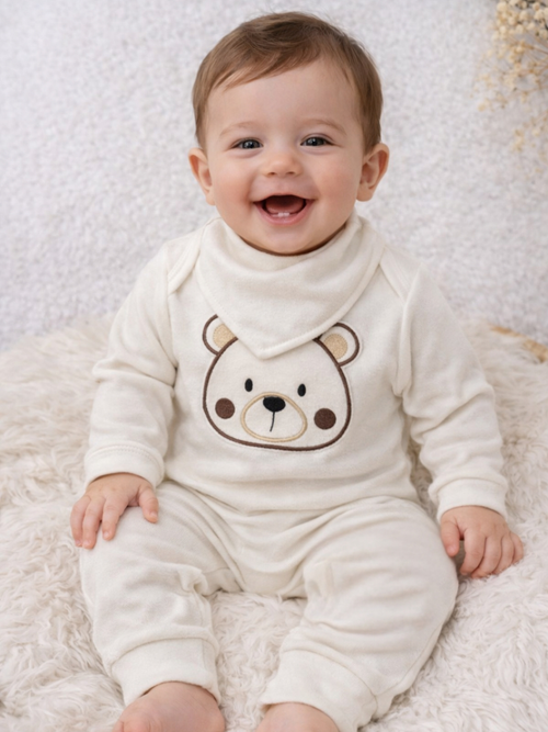 Conjunto 3 Peças Canelado com Bory calça Bordado e Babador Menina e Menino Moda Infantil