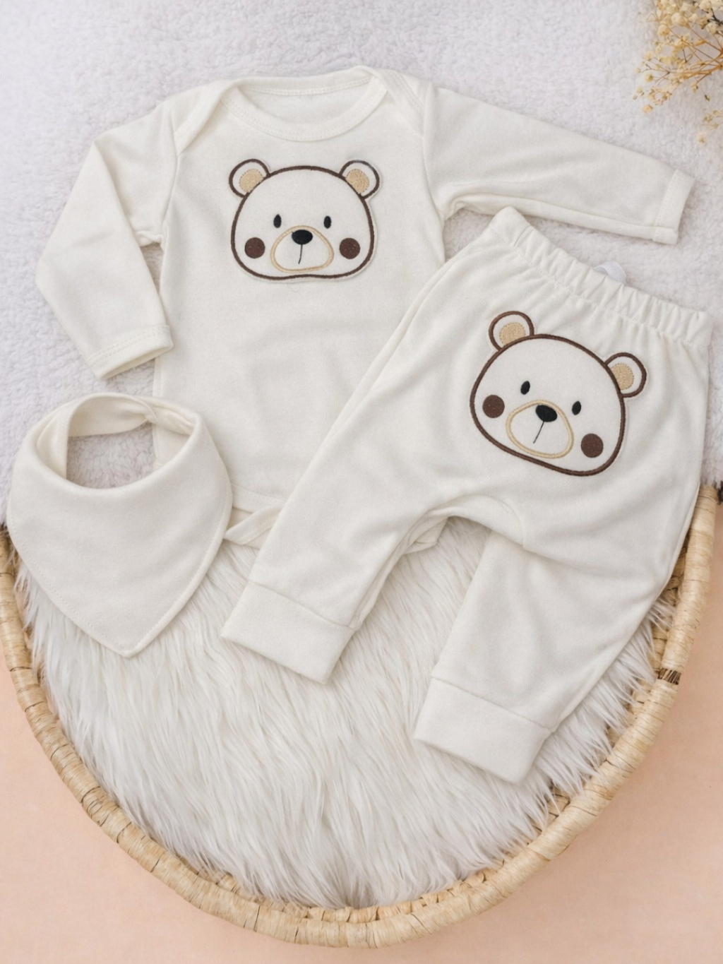Conjunto 3 Peças Canelado com Bory calça Bordado e Babador Menina e Menino Moda Infantil