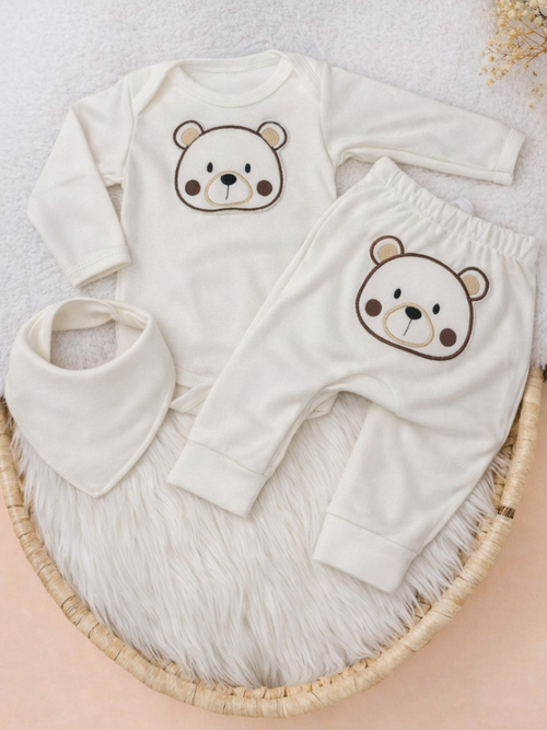Conjunto 3 Peças Canelado com Bory calça Bordado e Babador Menina e Menino Moda Infantil