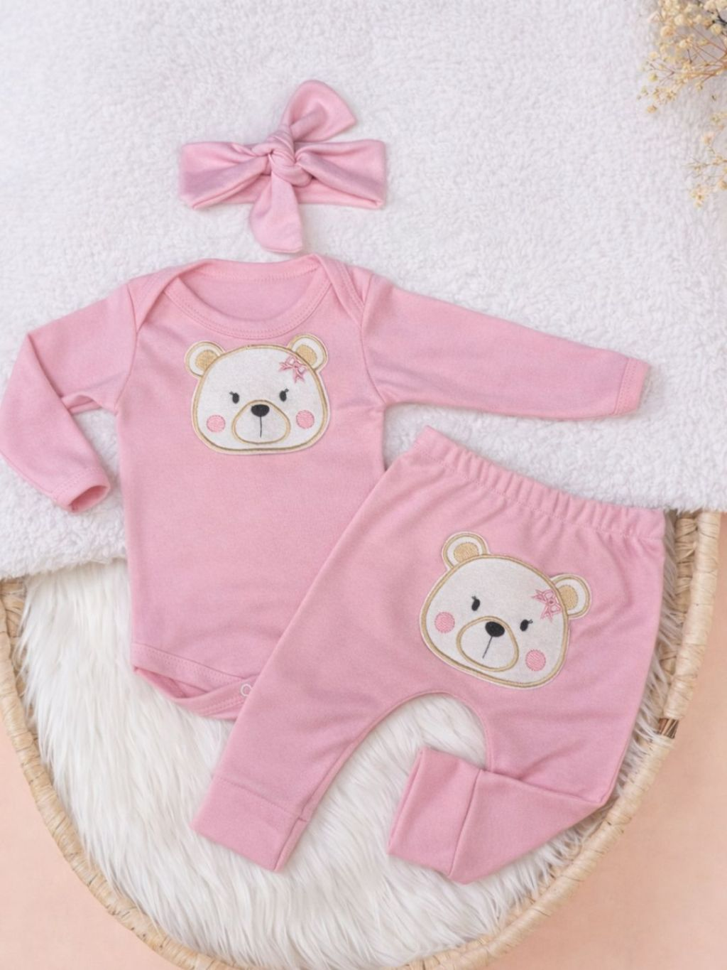 Conjunto Bebê Menina Algodão conjuntinho Bebezinho Suedine Manga Longa Mijão PMG 3 peças Infantil