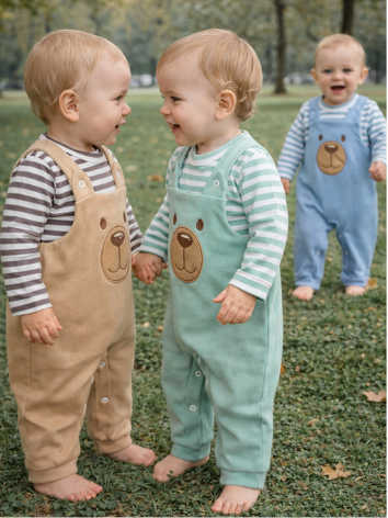 Conjunto para Bebê Menino Jardineira + Camiseta Longa Bordada Listras Inverno Algodão