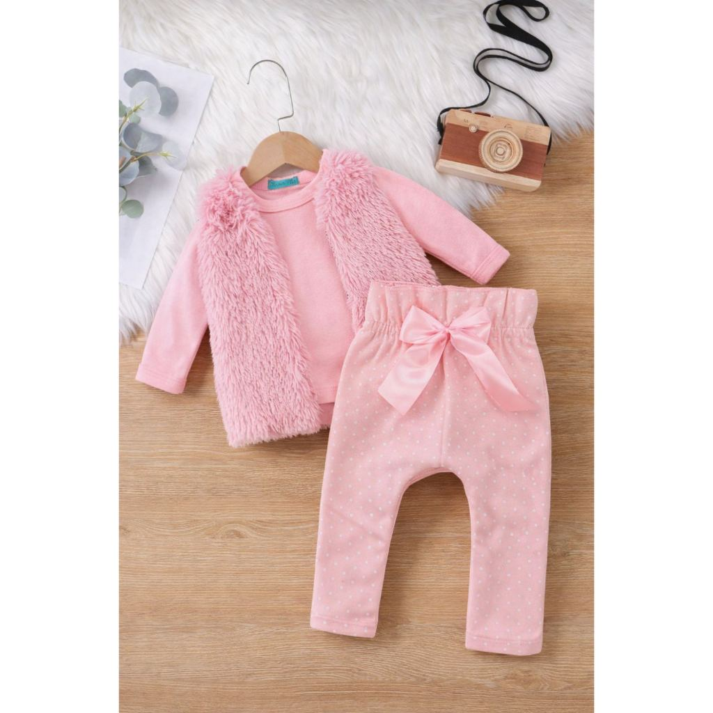 Conjunto Kit 3 Peças Bebê Menina com Body Básico, Calça e Coletinho Forrado para o Inverno Frio