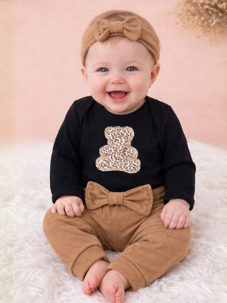 Conjunto Bebê Menina Roupinha Conjuntinho Algodão PMG Urso Inverno Frio Moda Baby Bordado Faixa