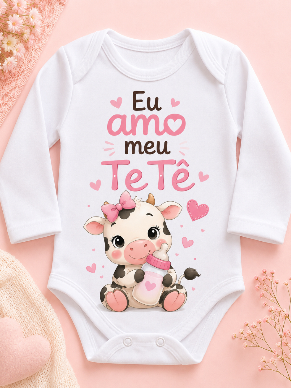 Body Bebê Menina Manga Longa Estampa Vaquinha Rosa roupa roupinha infantil festa temática Infantil