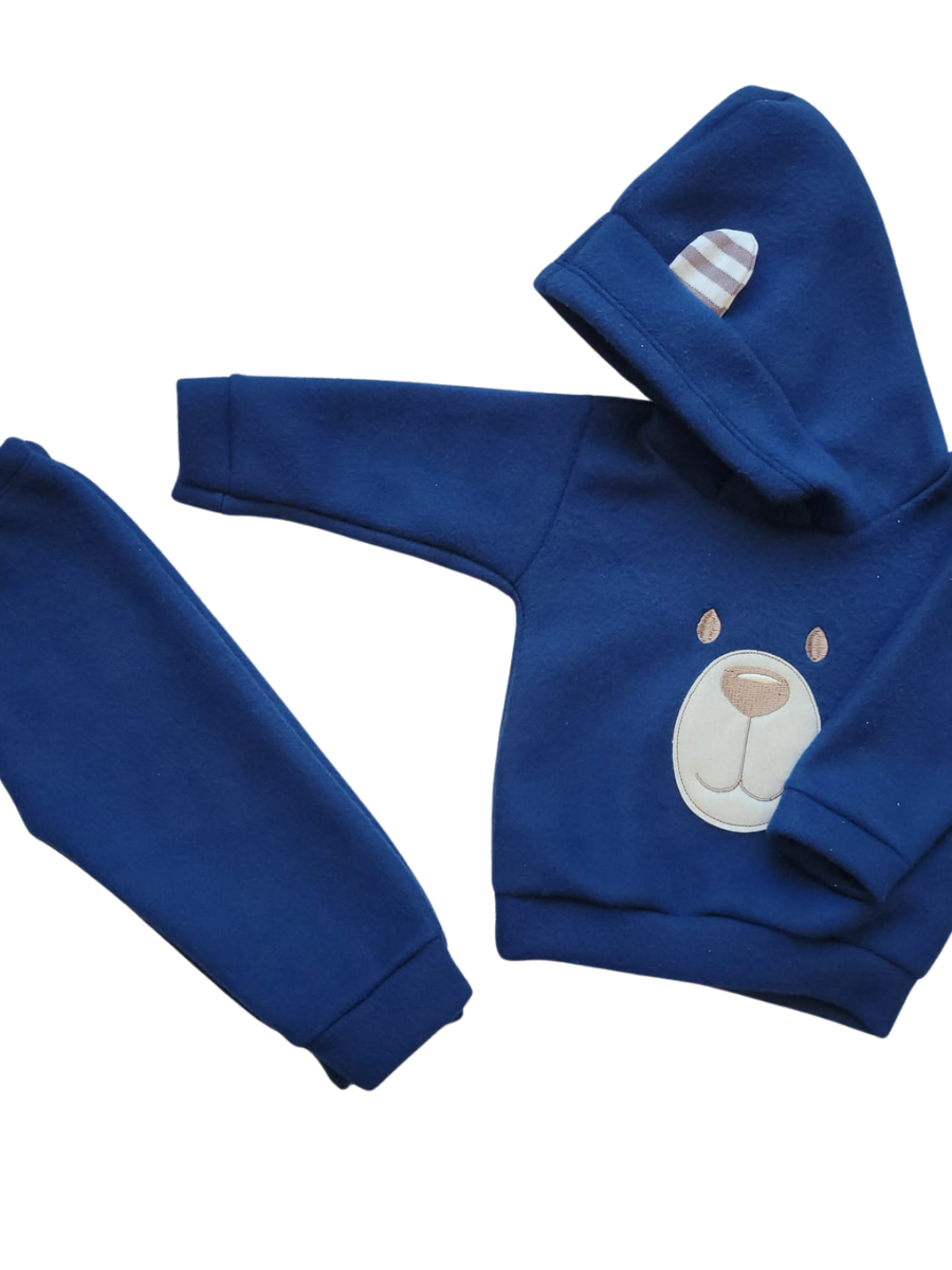 Conjunto Bebê Menino em Soft Bordado Capuz com Orelhinha 2 Peças Casaco + Calça para Bebês