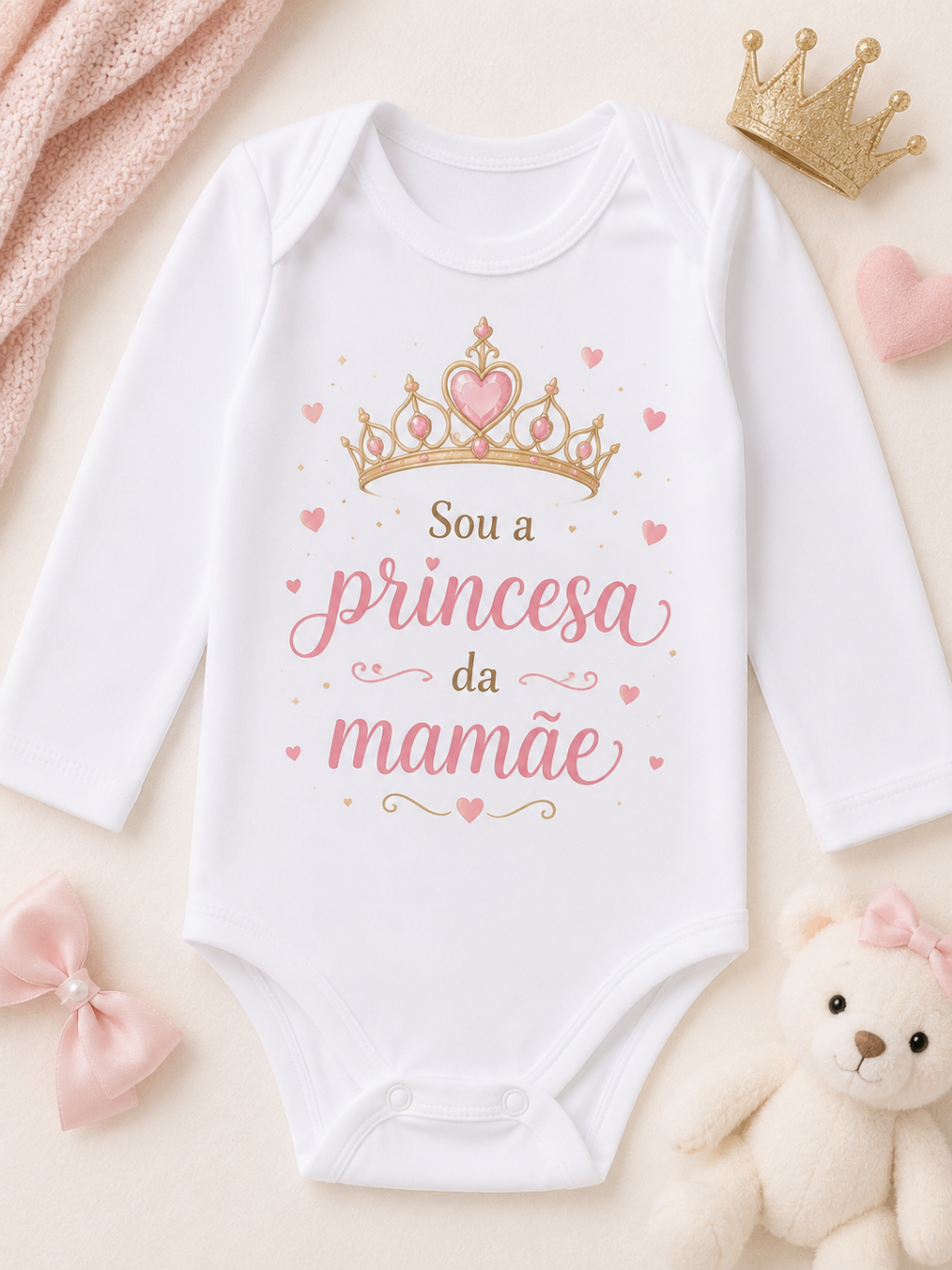 Body Bebê Menina Manga Longa Branco Estampa Princesa da Mamãe e Princesa da Casa P M G Infantil