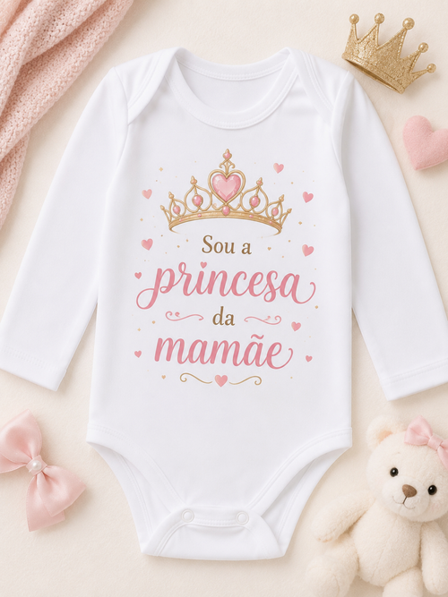 Body Bebê Menina Manga Longa Branco Estampa Princesa da Mamãe e Princesa da Casa P M G Infantil