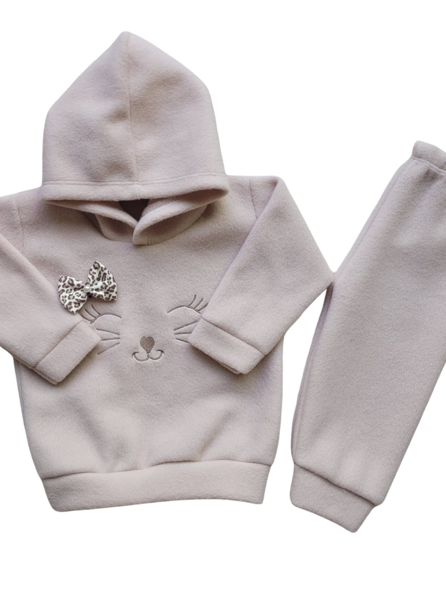 Conjunto Bebê Menina em Soft Bordado Capuz com Laço 2 Peças Casaco + Calça para Bebê Inverno