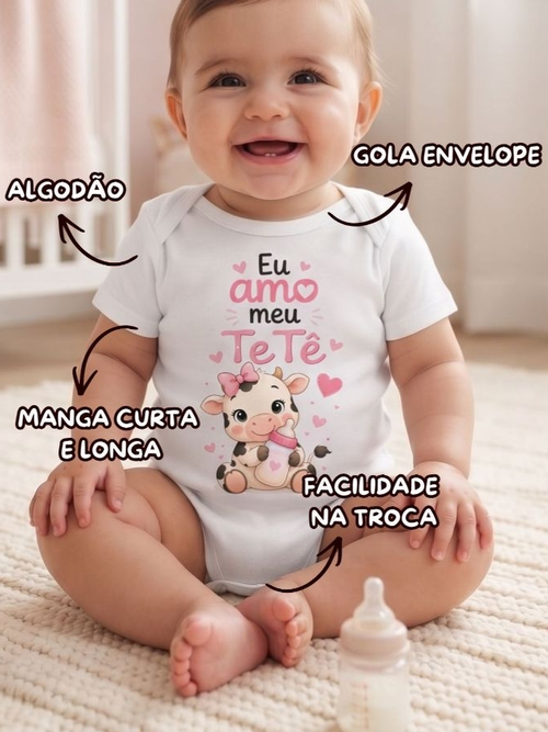 Body Bebê Menina Manga Longa Estampa Vaquinha Rosa roupa roupinha infantil festa temática Infantil