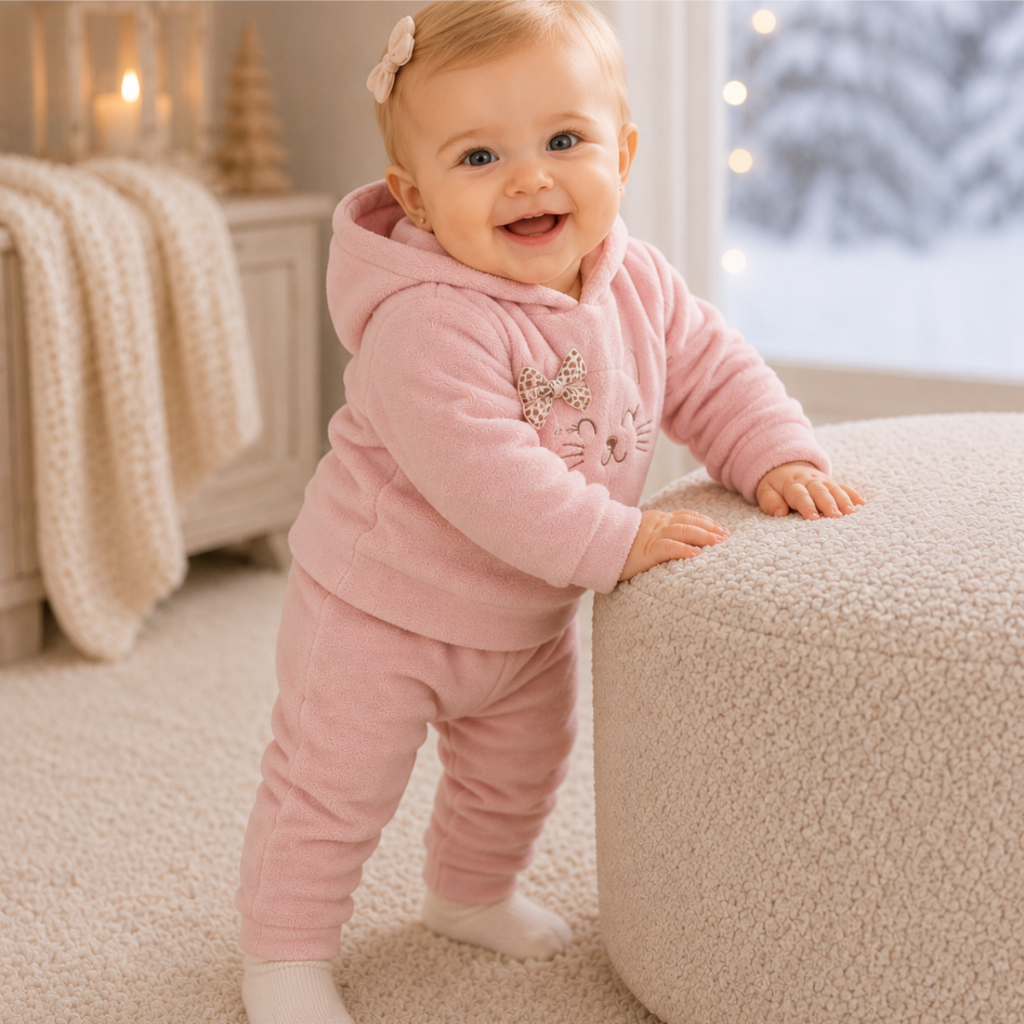 Conjunto Soft Bordado Capuz com Laço 2 Peças Casaco + Calça para Bebê Inverno