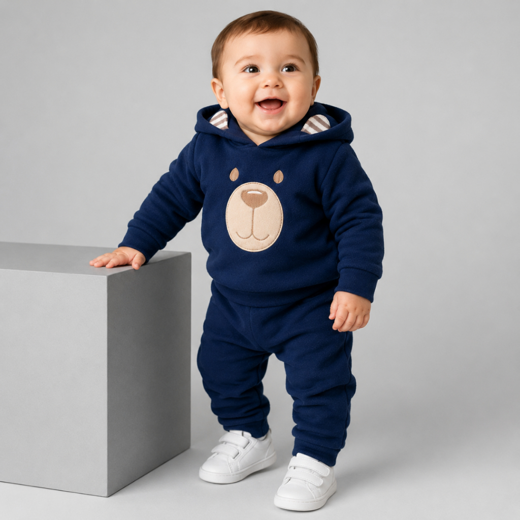 Conjunto Bebê Menino em Soft Capuz com Orelhinha 2 Peças Casaco + Calça para Bebês