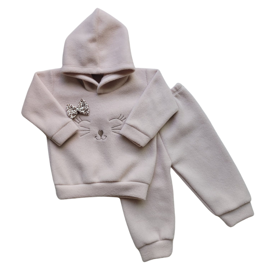 Conjunto Soft Bordado Capuz com Laço 2 Peças Casaco + Calça para Bebê Inverno