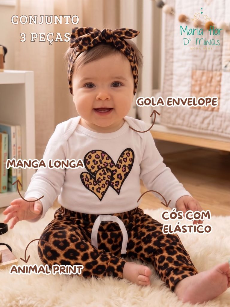 conjunto bebe menina oncinha inverno frio roupa roupinha P M G Mini diva estampado com faixa cabelo