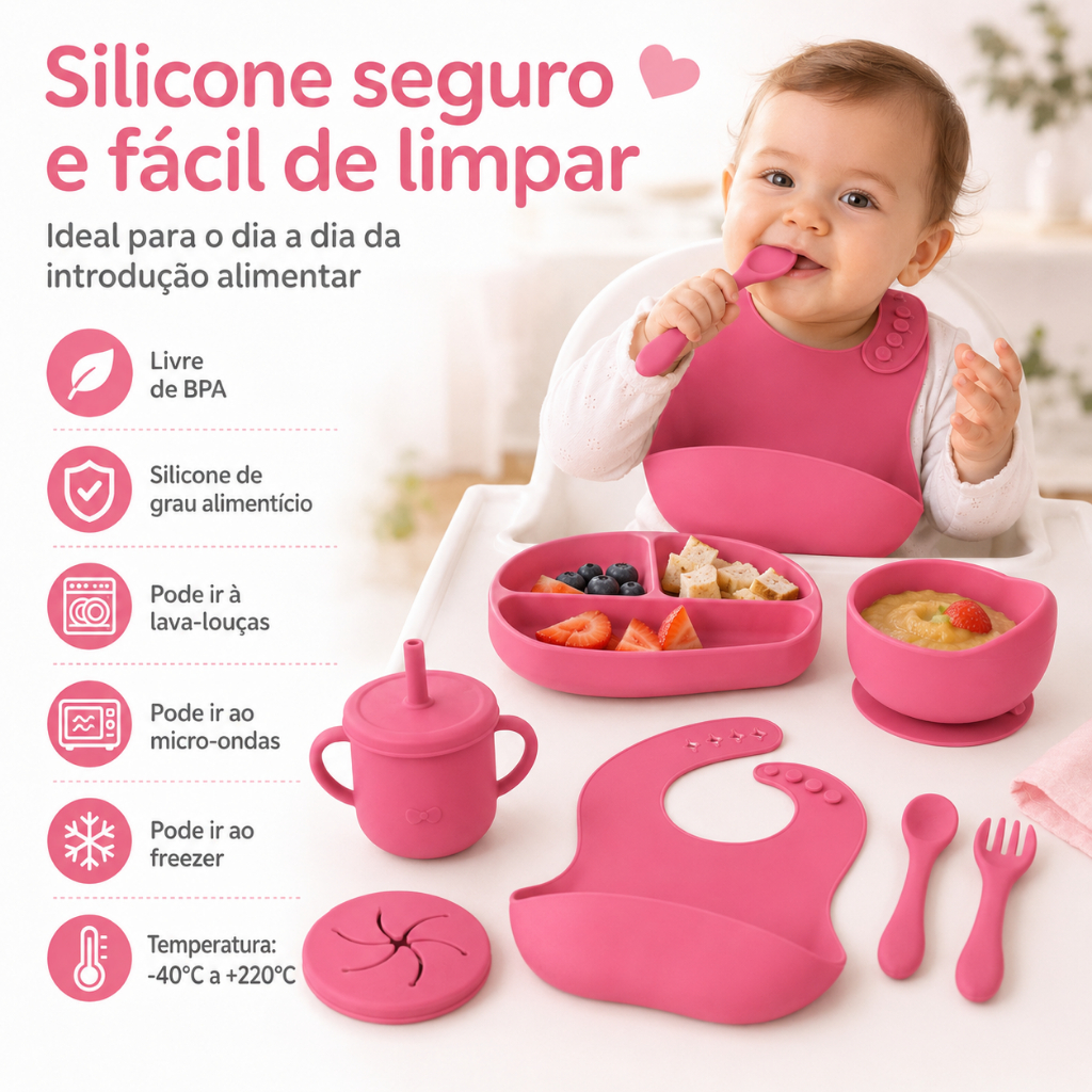 Kit Alimentação Bebê Introdução Alimentar 8 Itens Silicone Livre BPA Com Ventosa