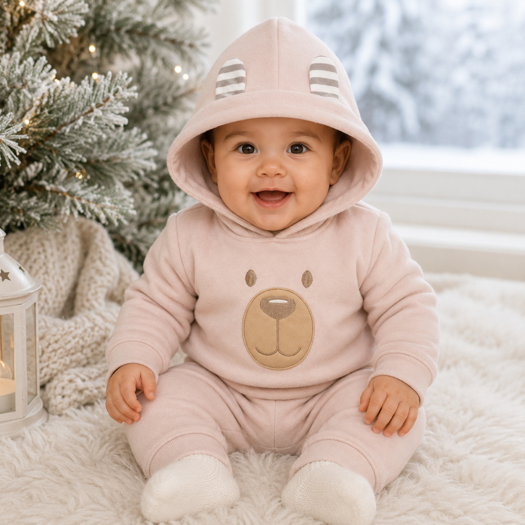 Conjunto Bebê Menino em Soft Capuz com Orelhinha 2 Peças Casaco + Calça para Bebês