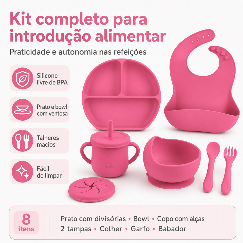 Kit Alimentação Bebê Introdução Alimentar 8 Itens Silicone Livre BPA Com Ventosa
