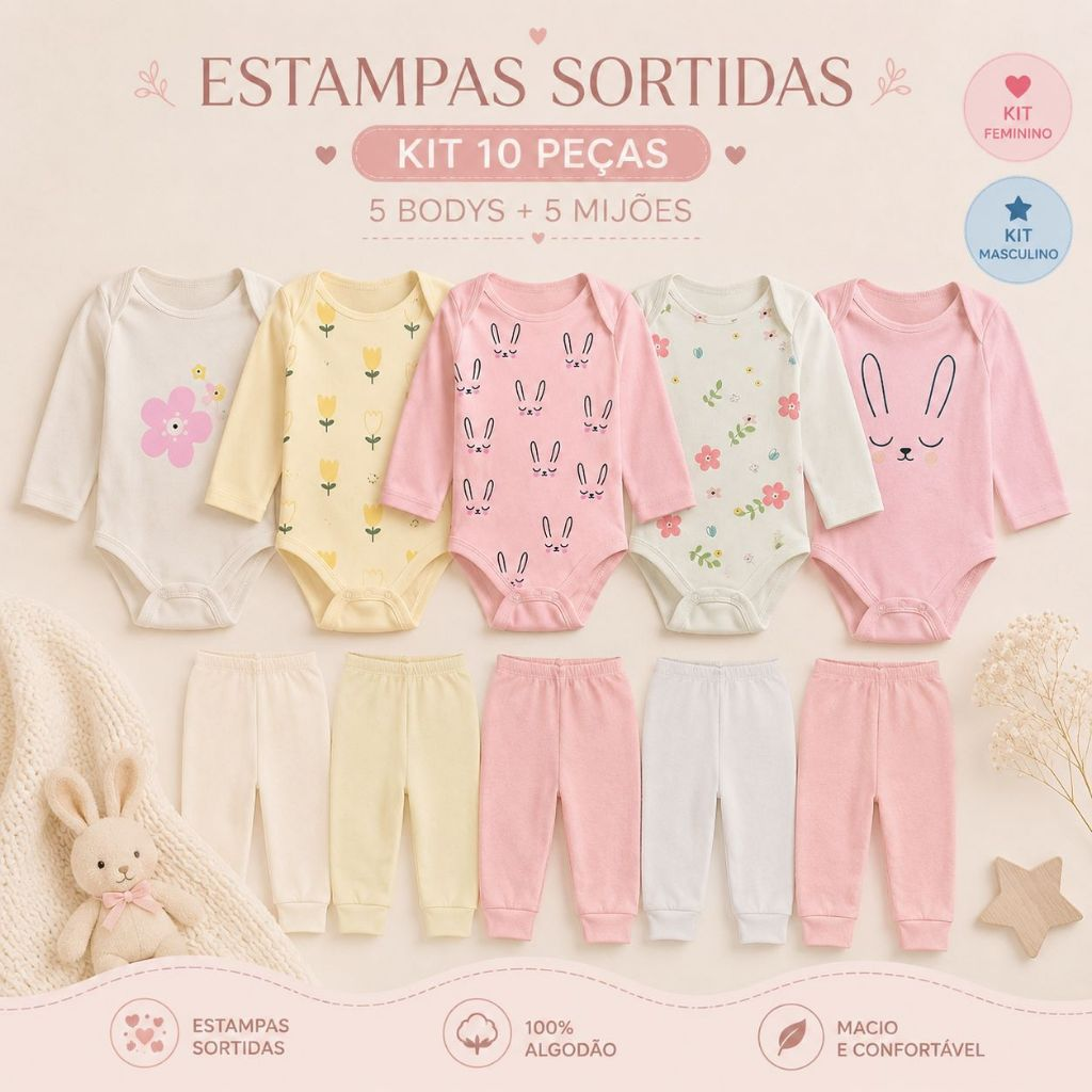 Kit 10 Peças Roupinhas de Bebê Body Longo Liso ou Estampado e Mijão