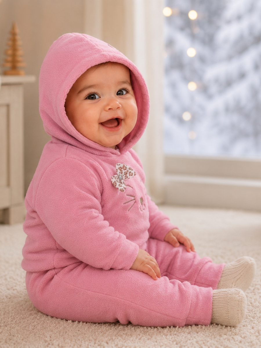Conjunto Bebê Menina em Soft Bordado Capuz com Laço 2 Peças Casaco + Calça para Bebê Inverno