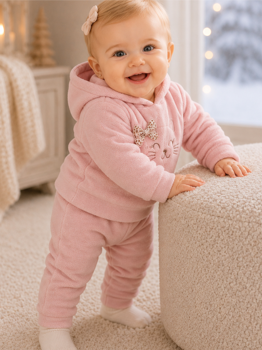 Conjunto Bebê Menina em Soft Bordado Capuz com Laço 2 Peças Casaco + Calça para Bebê Inverno