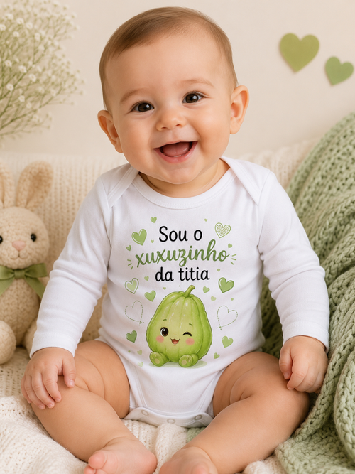 Body Bebê Menino Manga Longa 100% Algodão Estampado Sou o Xuxuzinho da Titia Roupa Infantil Presente