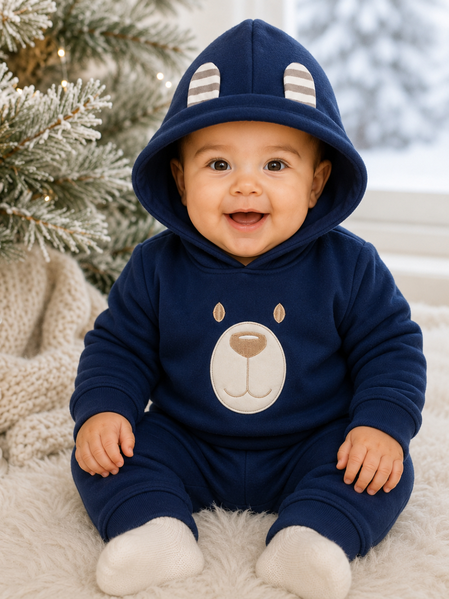 Conjunto Bebê Menino em Soft Bordado Capuz com Orelhinha 2 Peças Casaco + Calça para Bebês