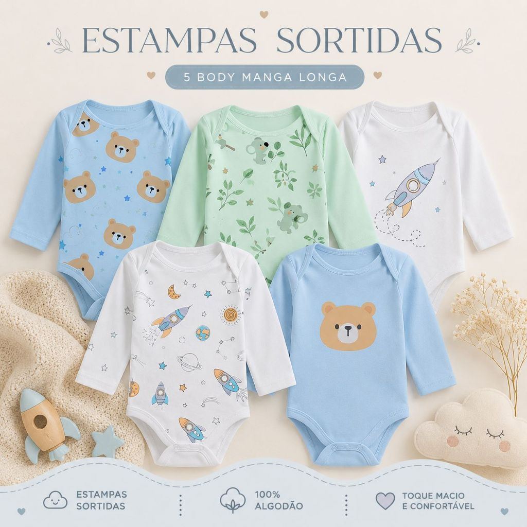 Kit 5 Peças Body Manga Longa Estampado Enxoval Roupa de Bebê