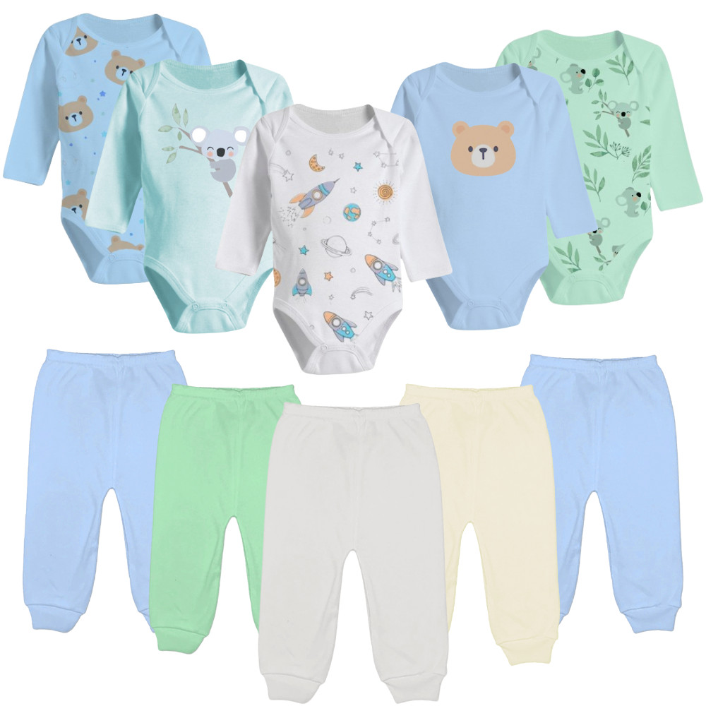 Kit 10 Peças Roupinhas de Bebê Body Longo e Mijão
