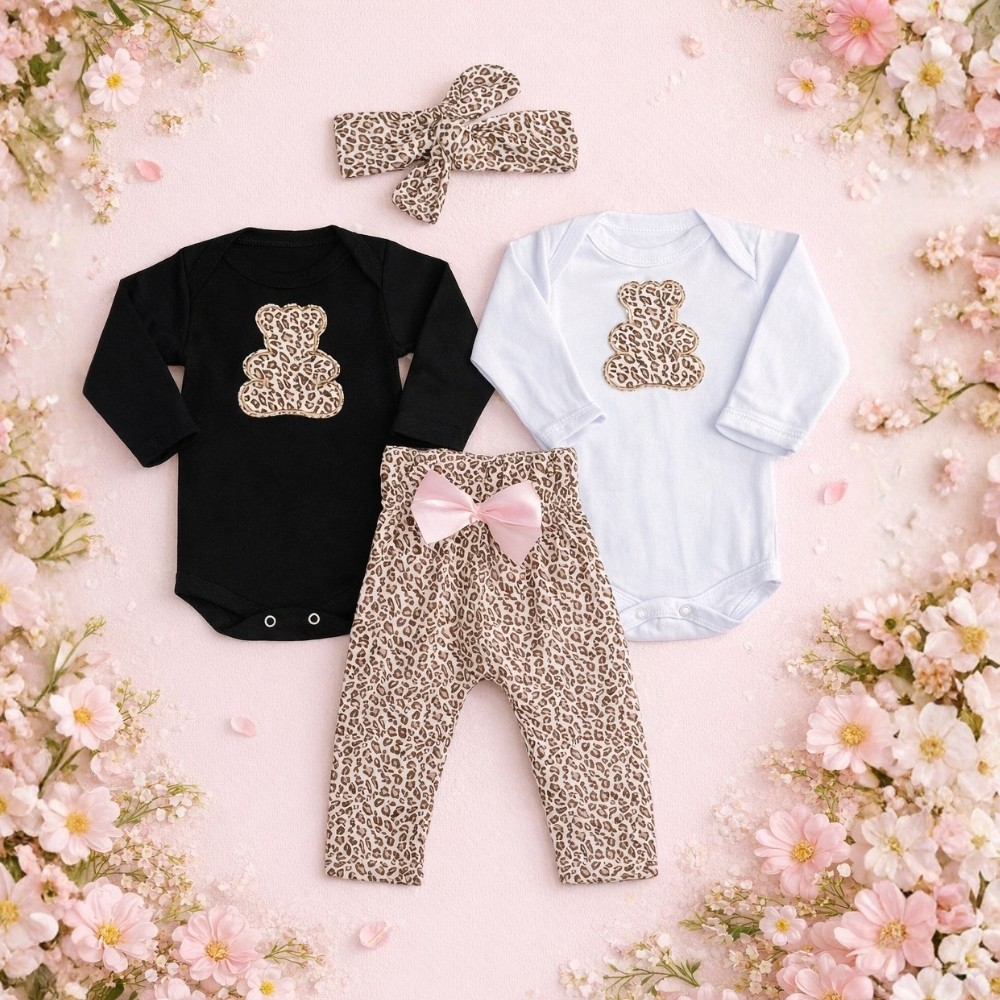 Conjunto Bebê Menina Algodâo Body Manga Longa Mijão Onça Faixa Kit 4 peças Baby